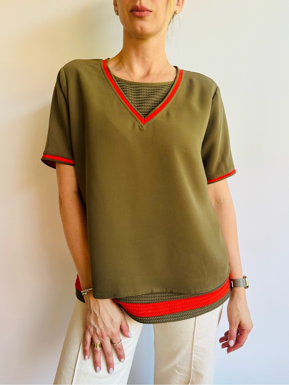 Scotch & Soda Class of ‘76 Olive Layered Knit Textured V-Neck Blouse Top Boho